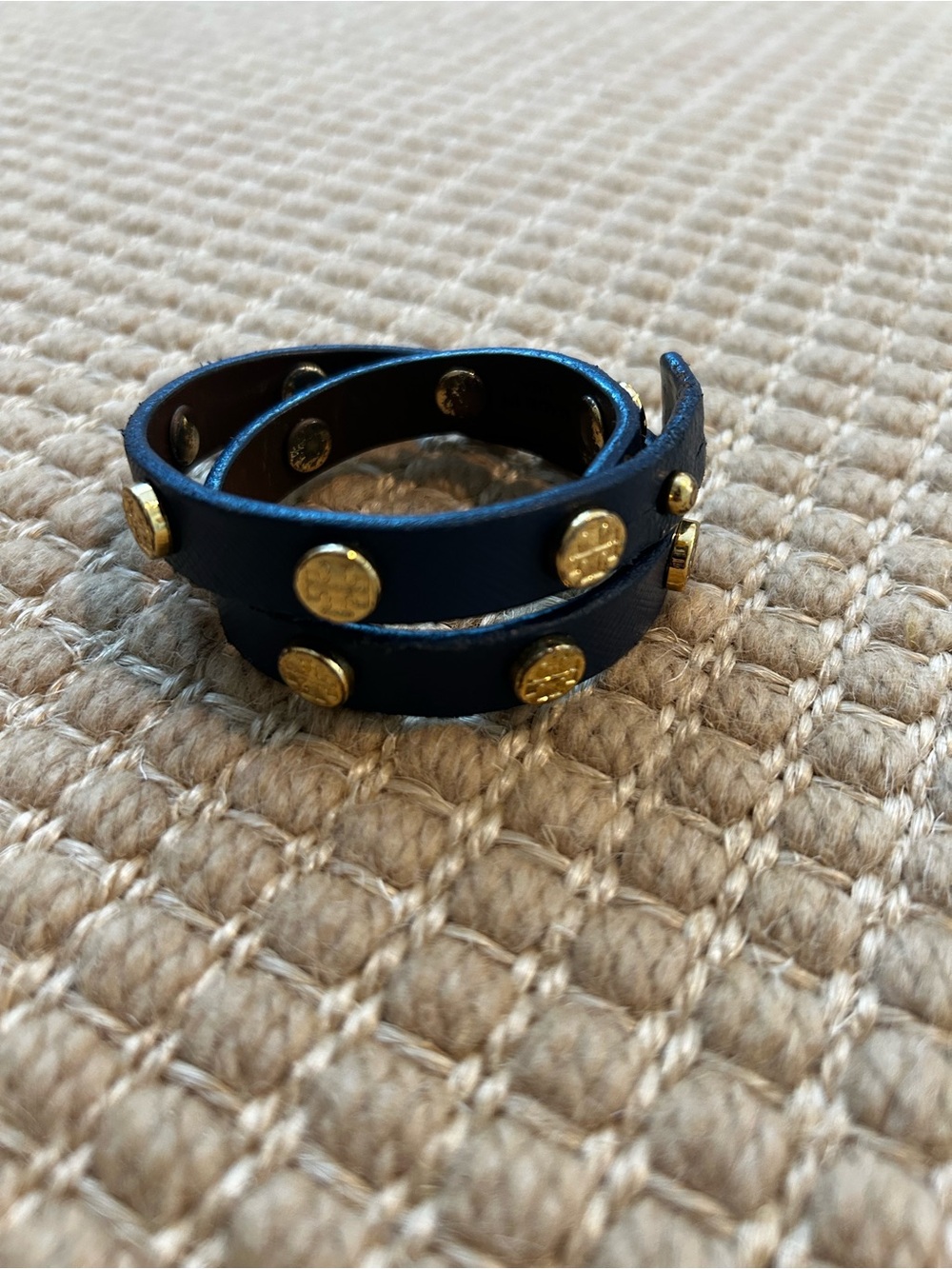 Tory Burch Double Wrap Navy Leather Bracelet with Gold Studs